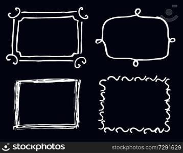 Four white template cards vector illustration of hand drawing cadres, set of rectangles, minimalist style, various lines, isolated on dark background. Four White Template Cards Vector Illustration