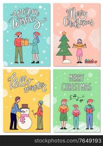 Four winter postcards that greeting with traditional holiday. People having fun and greet each other and wishing Merry Christmas. Vector captions with warm wishes, poster with family making snowman. People Preparing for Christmas, Greeting Postcards