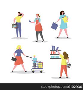 Four women buyer and one seller,female characters in various poses with shopping bags and cart.Set of lady shoppers,isolated on white background,trendy style vector illustration. Female characters in various poses with shopping bags and cart.Set of lady shoppers,