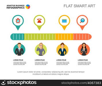 Four workers process chart template for presentation. Vector illustration. Abstract elements of diagram, graph. Workflow, progress, planning, business or teamwork concept for infographic, report.