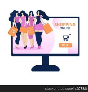 Four young women with packages on a computer monitor. Concept of online shopping, online store. Flat cartoon vector illustration.