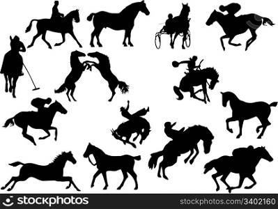 Fourteen horse silhouettes. Vector illustration