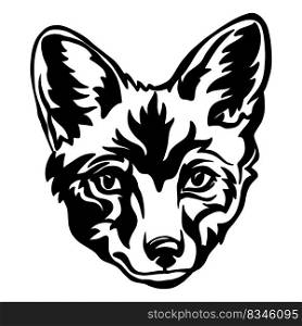 Fox black contour portrait close up. Animal head in front view vector illustration isolated on white background. For decor, design, pr∫, poster, card, sticker, t-shirt, cricut, tattoo and embroidery. Abstract portrait of a fox black contour illustration