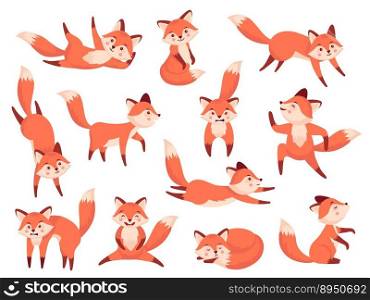 Fox character. Cute cartoon wildlife red mammals in different poses and actions, orange forest fur animals funny emotions on faces. Vector flat set of wildlife character wild and friendly illustration. Fox character. Cute cartoon wildlife red mammals in different poses and actions, orange forest fur animals with funny emotions on faces. Vector flat set