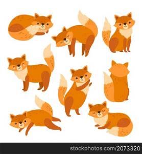 Fox characters. Cute cartoon red foxes, funny animal running standing or sitting. Isolated forest wildlife, foxy with orange tail vector set. Illustration foxy red character, collection of animal cute. Fox characters. Cute cartoon red foxes, funny animal running standing or sitting. Isolated forest wildlife, foxy with orange tail exact vector set