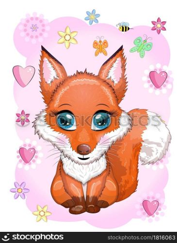 Fox is a cute character with beautiful eyes among flowers and hearts. Cute Cartoon Fox with flowers on a white background