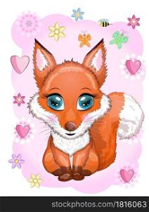 Fox is a cute character with beautiful eyes among flowers and hearts. Cute Cartoon Fox with flowers on a white background