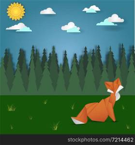 Fox on forest meadow landscape. Origami animal object vector illustration.. Fox on forest meadow landscape