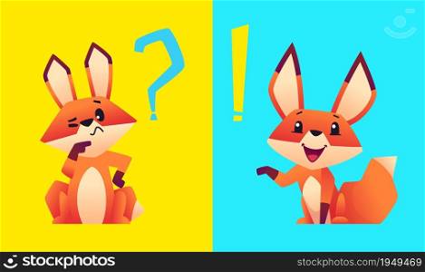 Fox think. Cartoon foxes finding solution, problem or task vector characters. Illustration fox animal character, adorable funny and happy mascot. Fox think. Cartoon foxes finding solution, problem or task vector characters