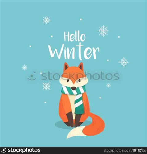 Fox with snow falling winter illustration background