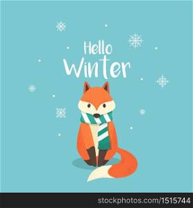 Fox with snow falling winter illustration background