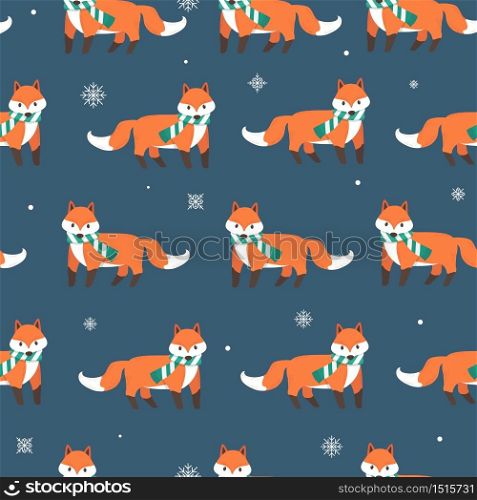Fox with snow flakes seamless pattern background
