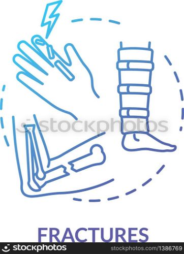 Fracture, bone fragility concept icon. Orthopedy, traumatism, human skeleton injury, hand trauma, calcium lack idea thin line illustration. Vector isolated outline RGB color drawing. Fracture, bone fragility concept icon