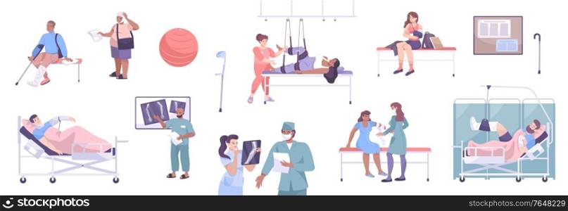 Fracture flat icon set with different type of patients and their injuries vector illustration