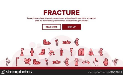 Fracture Landing Web Page Header Banner Template Vector. Gypsum Foot And Hand Arm Crutch, Bones Fracture Linear Pictograms. Medicine Details Illustration. Fracture Landing Header Vector