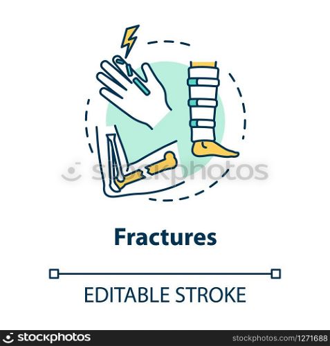 Fractures, bone and cartilage injuries concept icon. Orthopedics, traumatism, injured arm and leg, body traumas idea thin line illustration. Vector isolated outline RGB color drawing. Editable stroke
