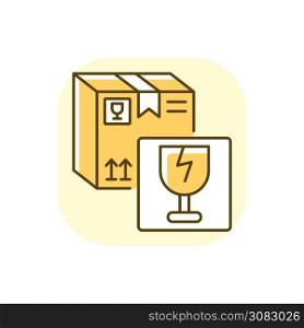 Fragile items yellow RGB color icon. Breakable box content. Postal service. Parcel with warning sign, careful package transportation. Isolated vector illustration. Fragile items yellow RGB color icon