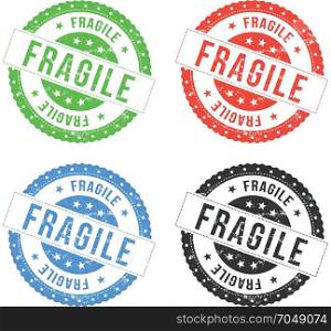 Fragile Seals. Illustration of a set of red, green, blue and black fragile seals and badges, for cardboard and objects to handle with care, with grunge texture