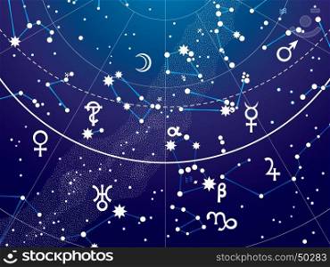 Fragment of Astronomical Celestial Atlas of Night Stars Heaven with Planets (Ultraviolet Blueprint version EPS-8)