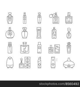 fragrance bottle perfume cosmetic icons set vector. glass product, luxury beauty spray, cologne scent perfumery, aroma package container fragrance bottle perfume cosmetic black contour illustrations. fragrance bottle perfume cosmetic icons set vector