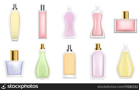 Fragrance bottles icon set. Realistic set of fragrance bottles vector icons for web design isolated on white background. Fragrance bottles icon set, realistic style