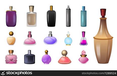 Fragrance bottles icons set. Cartoon set of fragrance bottles vector icons for web design. Fragrance bottles icons set, cartoon style