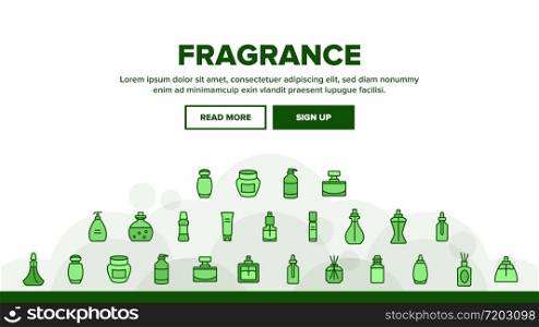 Fragrance Bottles Landing Web Page Header Banner Template Vector. Fragrance Perfume Decorative Form Container And Spray, With Aromatic Sticks And Pipette Illustrations. Fragrance Bottles Landing Header Vector