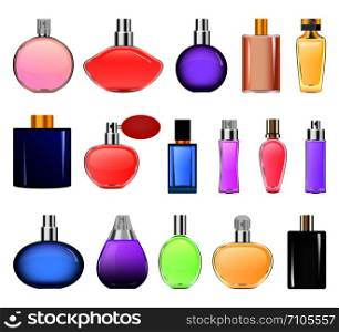 Fragrance bottles perfume mockup set. Realistic illustration of 16 fragrance bottles perfume mockups for web. Fragrance bottles mockup set, realistic style