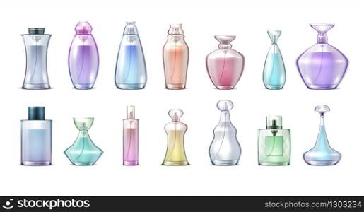 Fragrance bottles. Realistic clear glass with perfumes, collection of elegant cosmetic makeup vials. Vector aroma water spray into container different shape for woman. Fragrance bottles. Realistic clear glass with perfumes, collection of elegant cosmetic makeup vials. Vector aroma water spray container