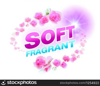 Fragrant softener fabric softener design template for packaging, used as an illustration for fabric softeners, detergents, logos, ironing liquid for products with floral fragrances. Vector EPS file.