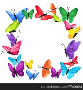 Frame design with decorative butterflies. Colorful bright abstract insects.. Frame design with decorative butterflies. Colorful abstract insects.