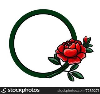 Frame design with hand drawn red rose with green leaves in corner, place for text vector illustration, border with blossoming flower isolated on white. Frame Design with Hand Drawn Red Rose Green Leaves