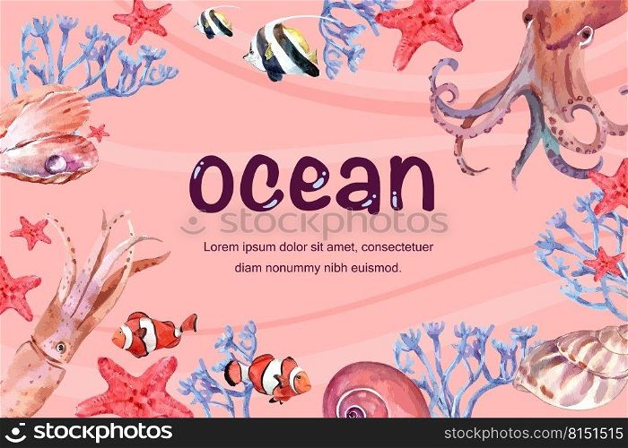 Frame design with various animal under the sea, creative warm-toned color illustration template.