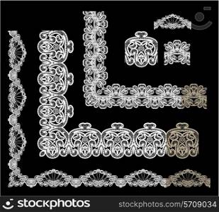 Frame Elements Set - different lace edges and borders - Seamless stripes - floral lace ornament - white on black background