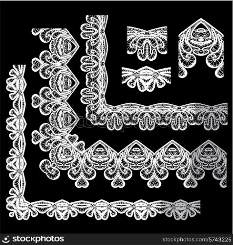 Frame Elements Set - different lace edges and borders - Seamless stripes - floral lace ornament - white on black background