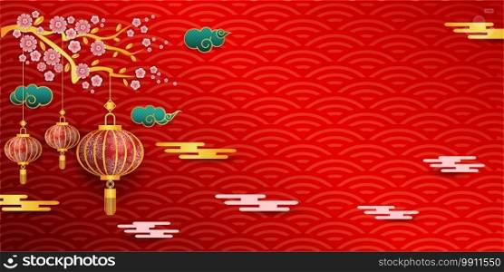 Frame for chinese new year, Consisting of clouds, lanterns, Chinese patterns, sakura flowers On a red background  for greetings card, flyers, invitation, posters, brochure, banners, calendar.