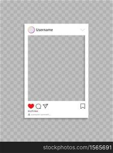 Frame for social post. Frame for photo in social media.Template of profile, post and message with interface, comment and like. Mockup and icon for phone and app. Social network concept. Vector.. Frame for social post. Frame for photo in social media.Template of profile, post and message with interface, comment and like. Mockup and icon for phone and app. Social network concept. Vector