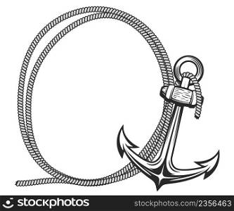 Frame from rope and anchor in engraving style. Design element for poster, card, banner, sign. Vector illustration
