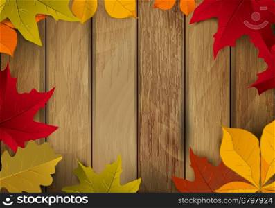 Frame from yellow autumn leaves on wooden background. Design element for poster, flyer, greeting card. Vector illustration.