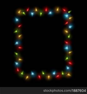 Frame garland. Christmas square border with color glowing light bulbs. Winter holiday electric illuminating. Banners, posters or greeting card template. Decorative element vector isolated illustration. Frame garland. Christmas square border with color glowing light bulbs. Winter holiday electric illuminating. Banners, posters or greeting card template. Decorative vector element