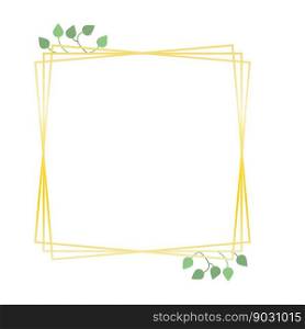 Frame, golden lines and leaves, vector. Frame of golden squares and green leaves.