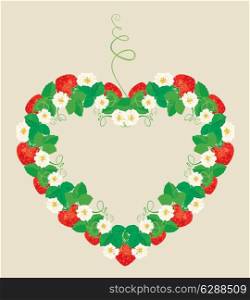 Frame is made of heart shape, ornament with Strawberries, flowers and leaves isolated on gray background.
