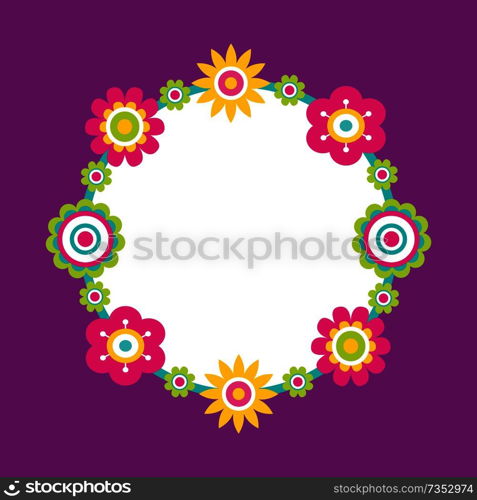 Frame made of abstract flowers geometric blossoms, vector illustration of springtime blooms in cartoon style, blooming elements isolated on purple. Frame Made of Abstract Flowers Geometric Blossoms