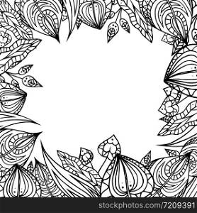 Frame of black and white doodle leaves with zentangle pattern. Vector element for your design.. Frame of black and white doodle leaves with zentangle pattern. V