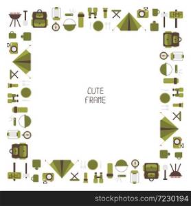 Frame of camping equipment symbols and icons in flat style. Vector illustration.. Frame of colorful camping equipment symbols and icons in flat style. Vector illustration.