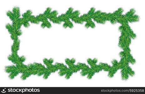 Frame of Christmas fir tree branches in rectangular shape isolated on white background. Merry Christmas and Happy New Year holiday design.