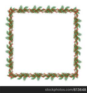 Frame of Holly leaves and berries and fir branches, vector illustration