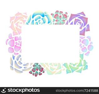 Frame of neon succulents with a top view on a white background. Object separate from background. Vector template for invitation, greeting card and your creativity. Frame of neon succulents with a top view on a white background