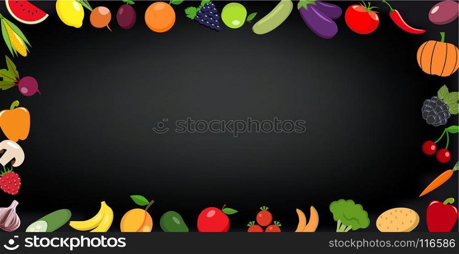 Frame of organic food. Fresh raw vegetables with fruits. On a black chalkboard
