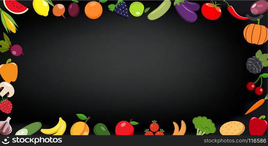 Frame of organic food. Fresh raw vegetables with fruits. On a black chalkboard